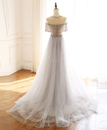 Gray Round Neck Tulle Beads Long Prom Dress Forma Graduation Dresses