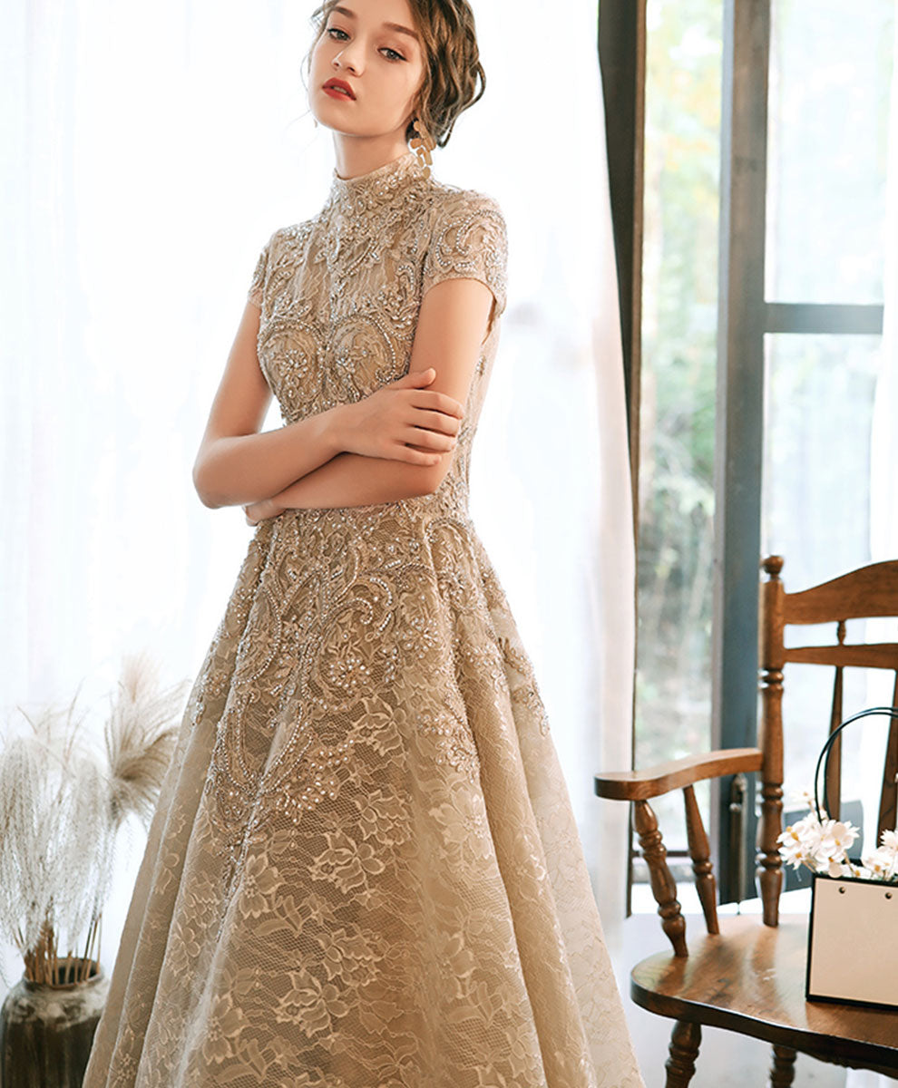 Champagne High Neck Lace Prom Dress, Champagne Lace Formal Dress