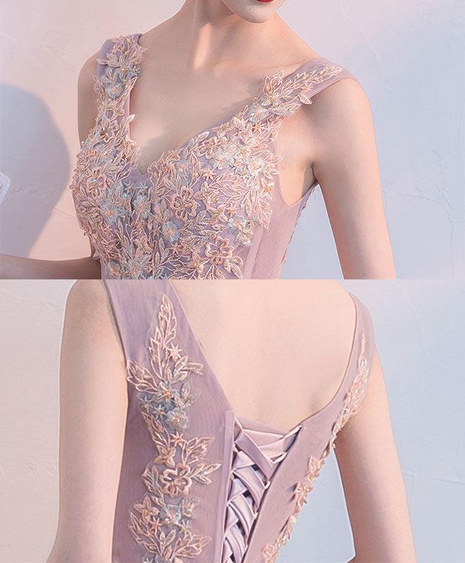 Cute V Neck Light Pink Tulle Lace Prom Dress, Tulle Evening Dress