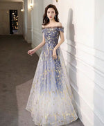 Blue Tulle Off Shoulder Lace Long Prom Dress Tulle Formal Dress