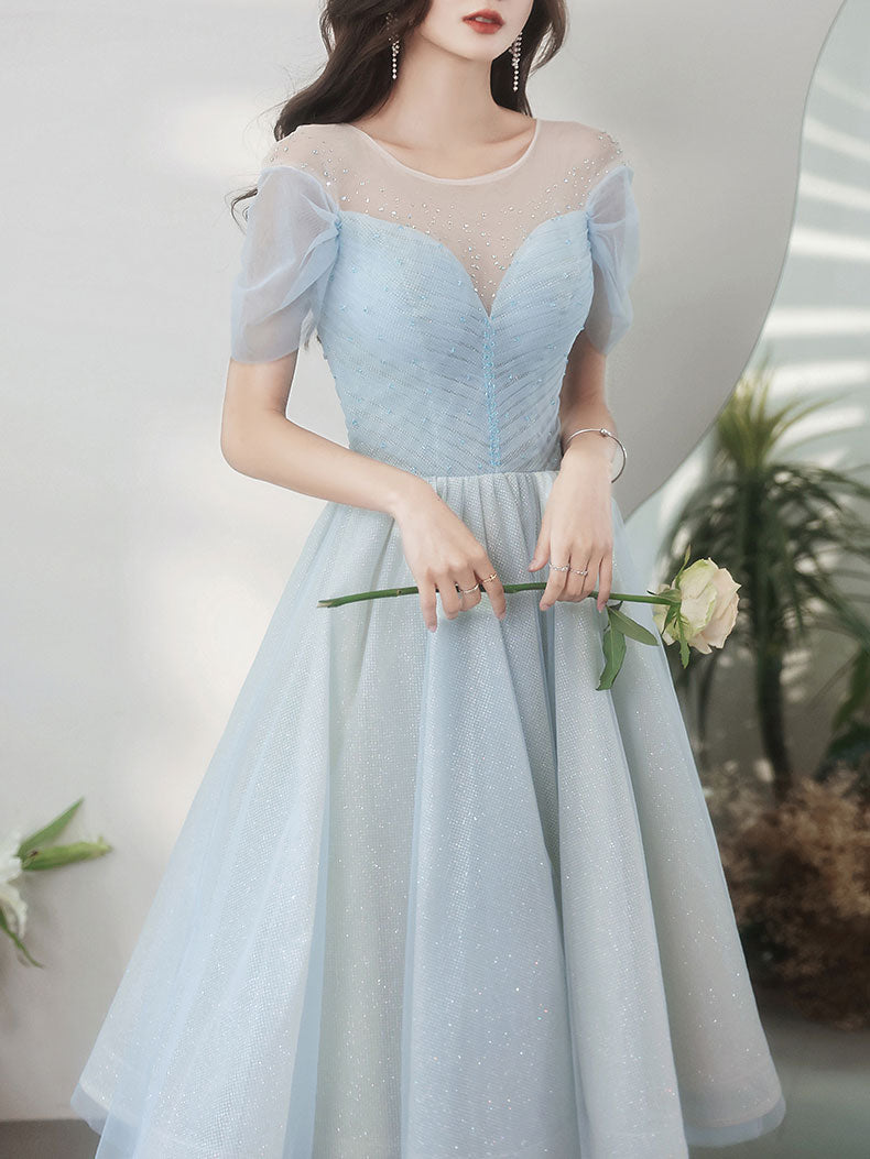 Blue Round Neck Tulle Short Prom Dress, Blue Homecoming Dress