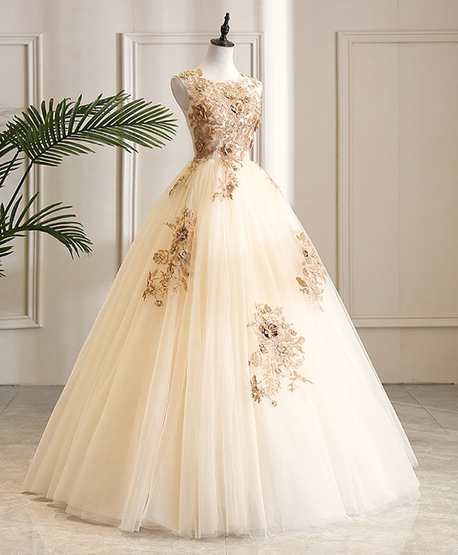 Champagne Tulle Lace Long Prom Dress Champagne Evening Dress