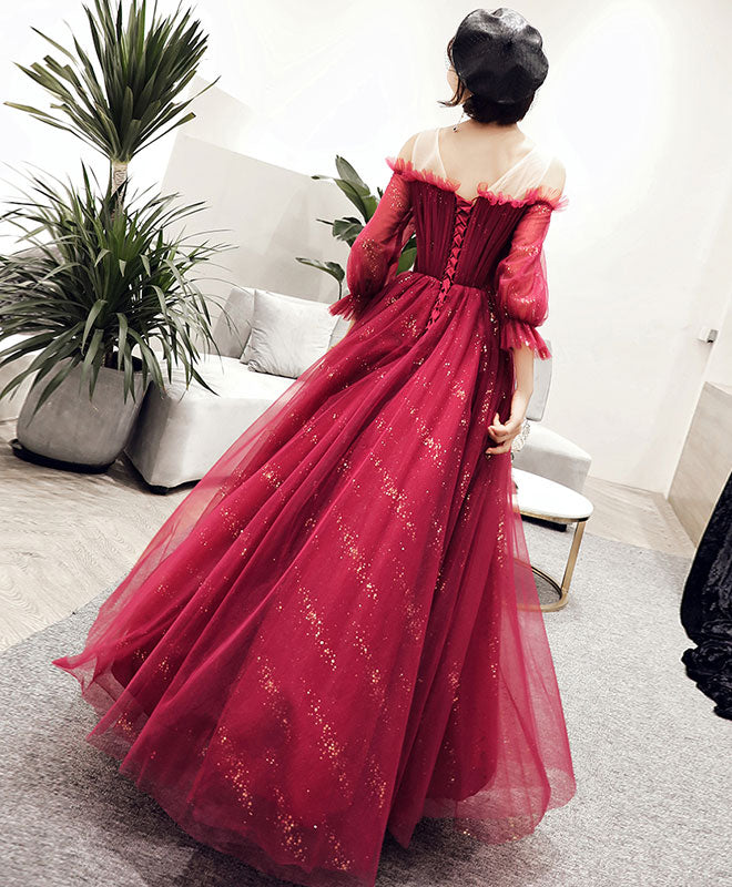 Dark Red Tulle Lace Long Prom Dress, Dark Red  Evening Dress