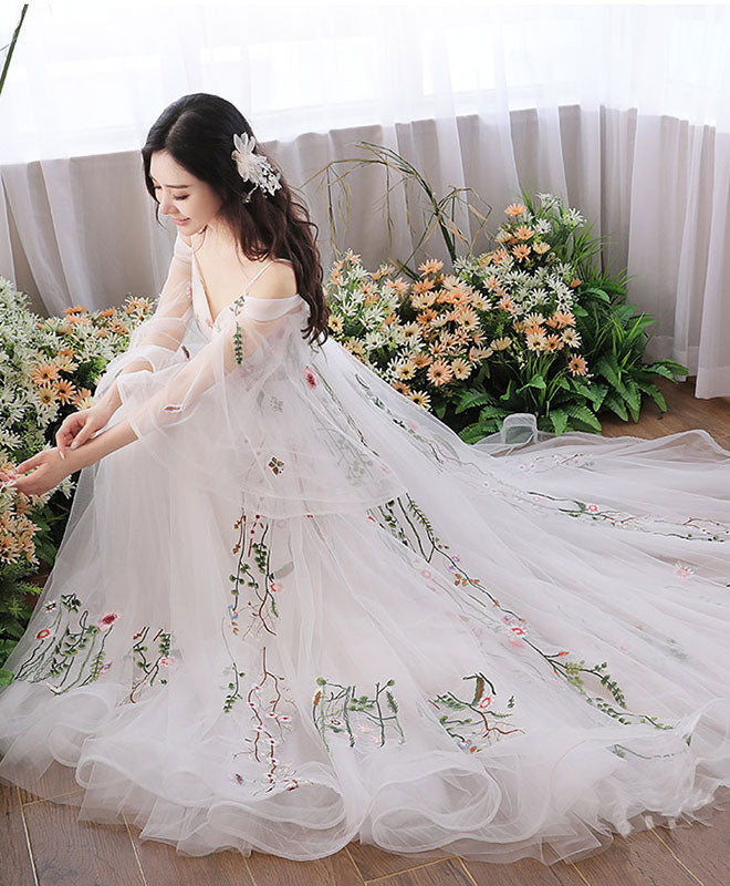 White V Neck Tulle Lace Applique Long Prom Dress, White Evening Dress ...