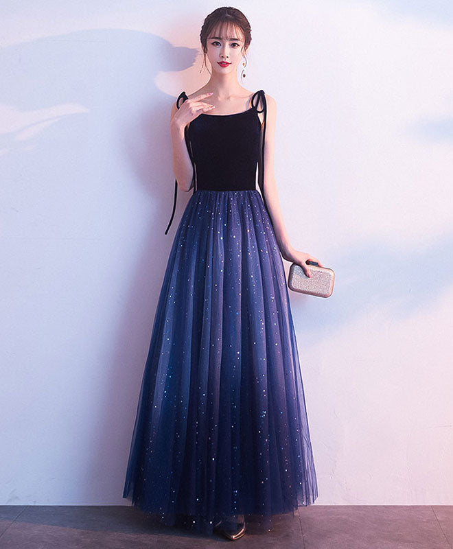 Simple Blue Tulle Long Prom Dress, Shiny Blue Evening Dress