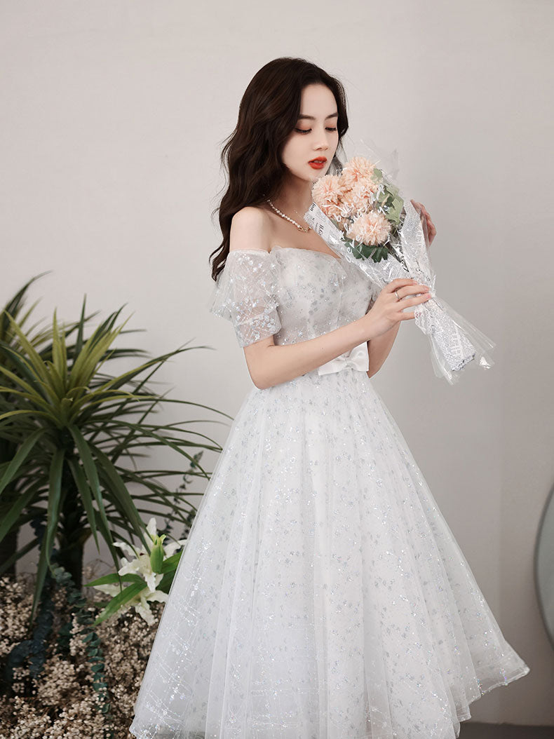 Gray White Lace Short Prom Dress White Tulle Lace Homecoming Dress