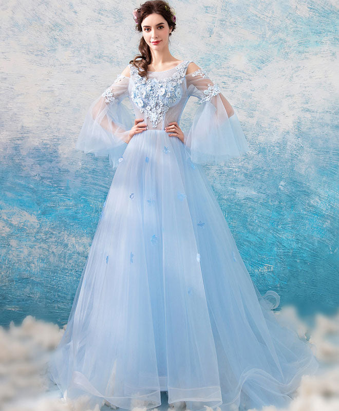 Custom Made Round Neck Baby Blue Tulle Long Sleeves Prom Dresses