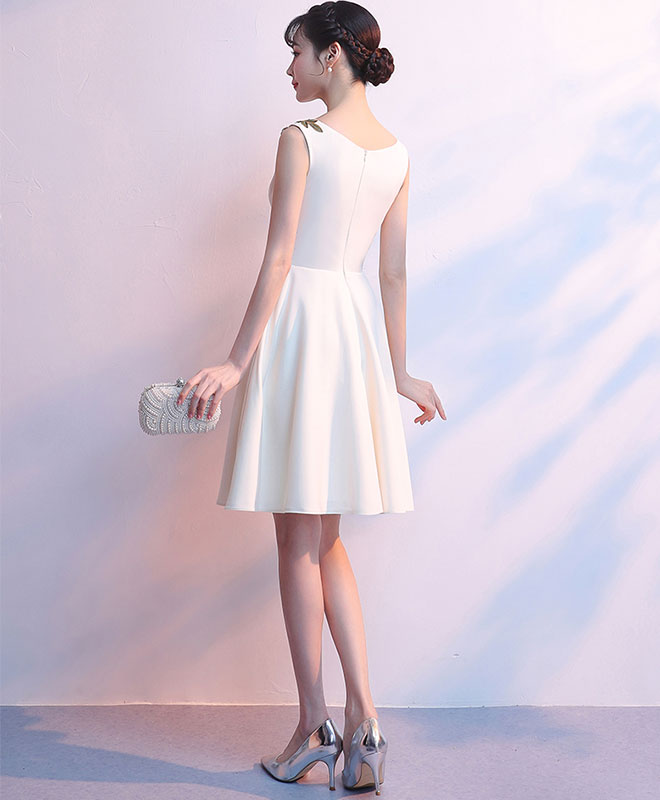 Simple Light Champagne Satin Applique Short Prom Dress, Cute Homecoming Dress