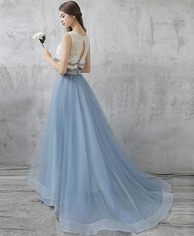 Gray Blue Two Pieces Tulle Long Prom Dress, Gray Blue Evening Dress