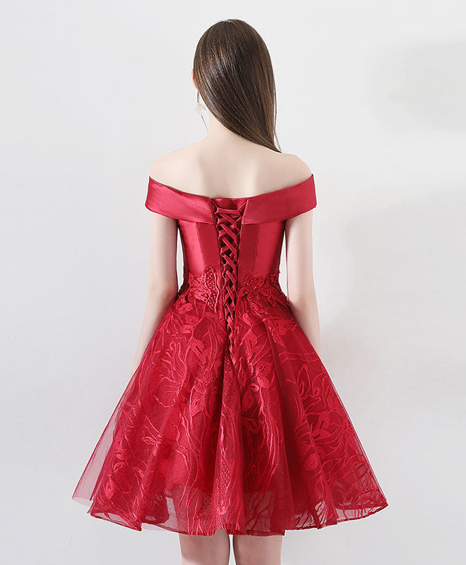 Burgundy Lace Tulle Short Prom Dress, Burgundy Homecoming Dress