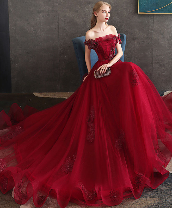 Burgundy Tulle Lace Long Prom Dress Burgundy Tulle Evening Dress