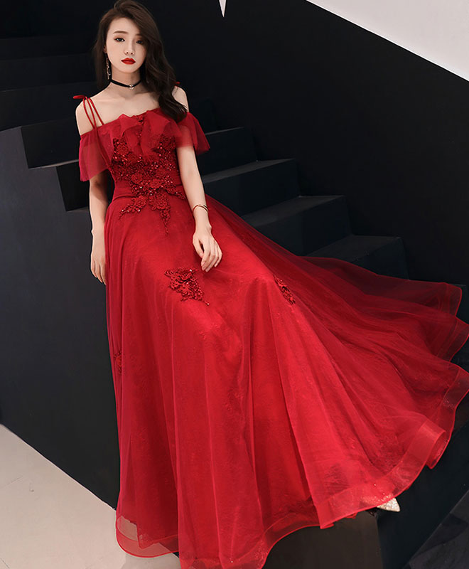 Burgundy Tulle Lace Long Prom Dress Burgundy Tulle Lace Evening Dress