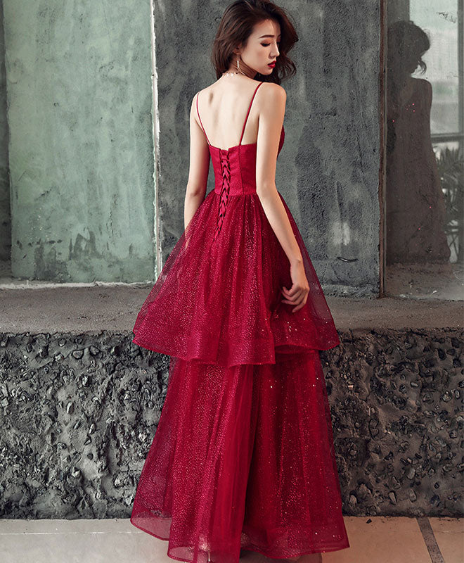 Burgundy V Neck Tulle Long Prom Dress, Shiny Burgundy Evening Dress