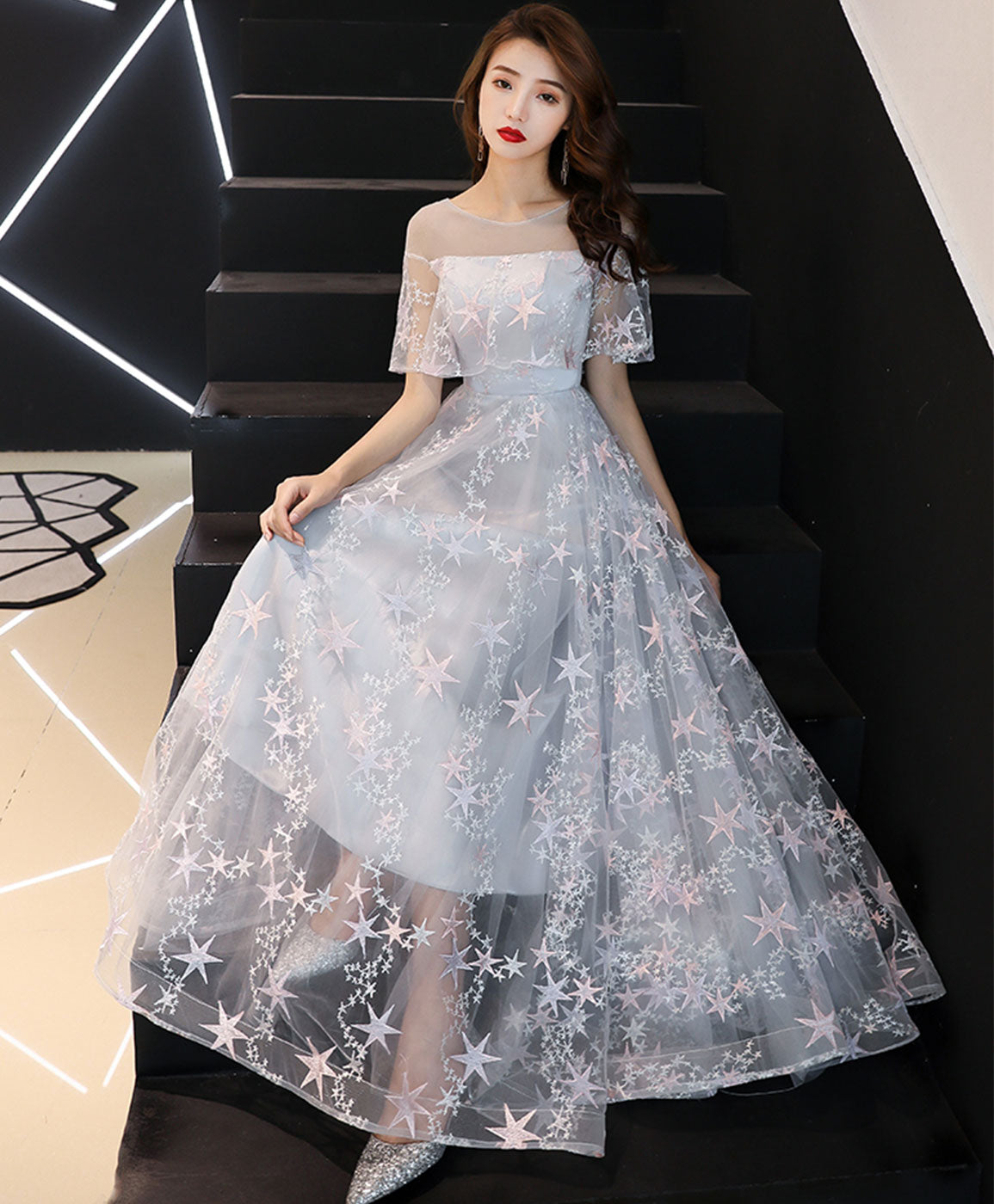 Gray Tulle Lace Long Prom Dress Gray Tulle Formal Dress