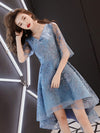Blue V Neck Tulle Lace High Neck Prom Dress, Blue Lace Homecoming Dress