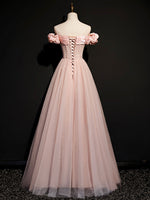 A line Pink Long Prom Dresses, Pink Tulle Formal Graduation Dresses With Beading