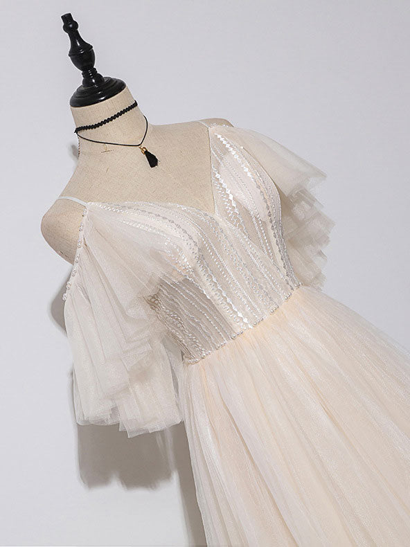 Champagne V Neck Tulle Long Prom Dress, Champagne Evening Dress