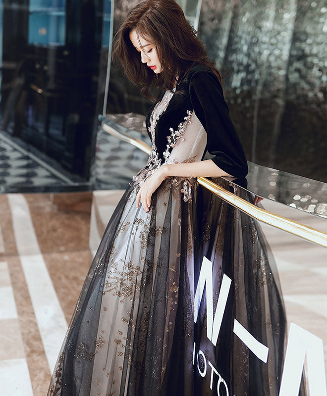 Black Round Neck Tulle Long Prom Dress Black Evening Dress