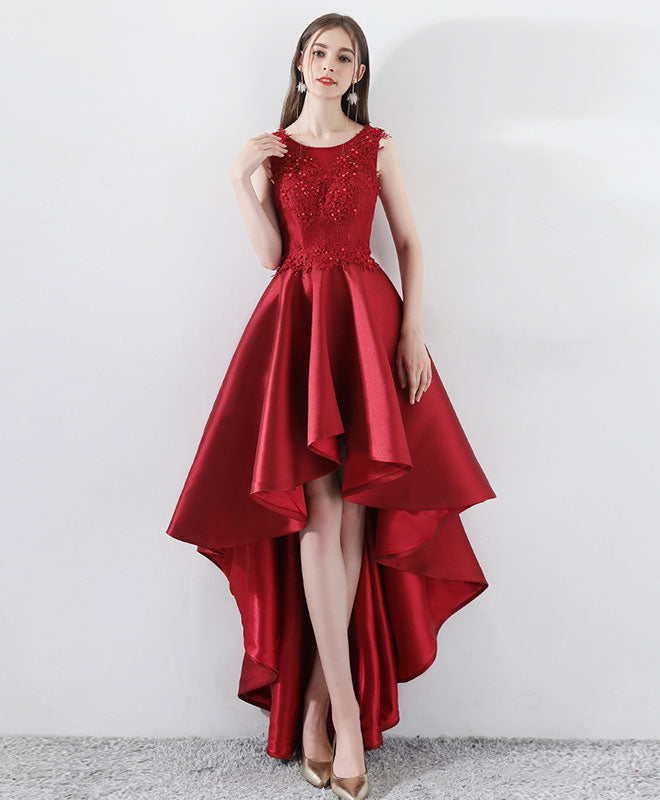 Burgundy Round Neck Lace Prom Dress, Burgundy Bridesmaid Dress