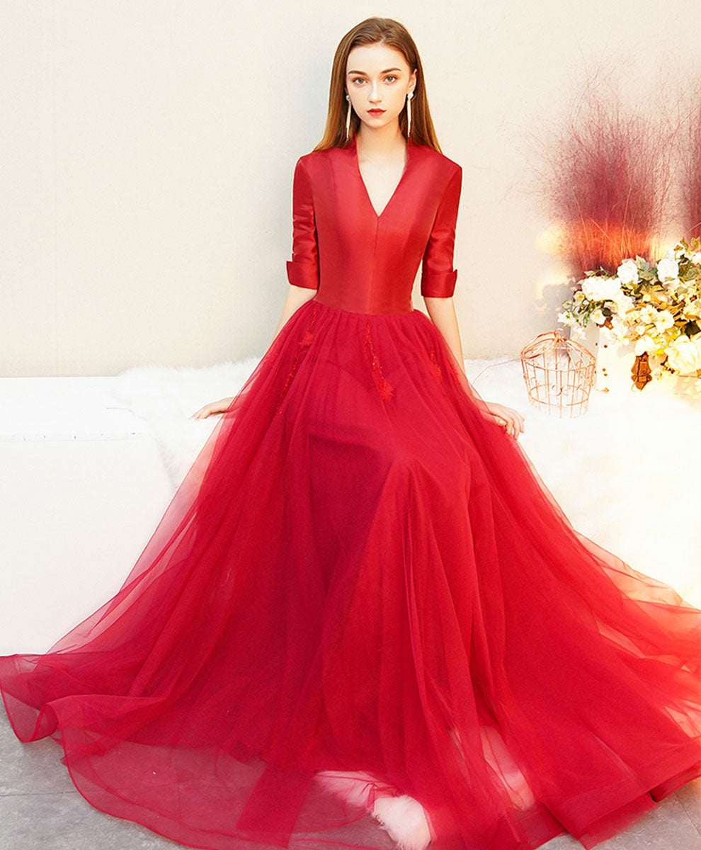 Red V Neck Satin Long Prom Dress, Red Tulle Formal Dress