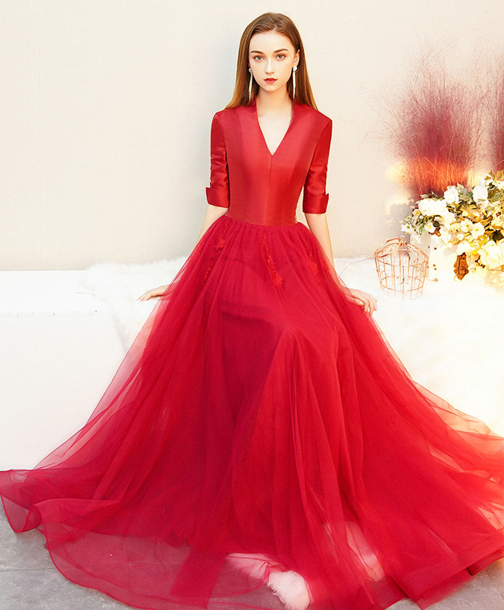 Red V Neck Tulle Tea Length Prom Dress, Red Evening Dress – shopluu