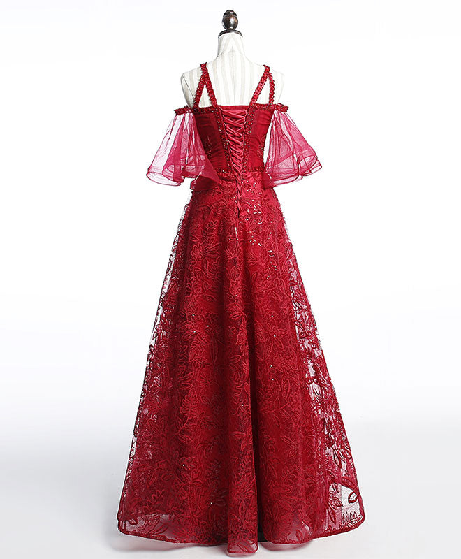 A-Line Off Shoulder Tulle Lace Burgundy Long Prom Dress, Evening Dress