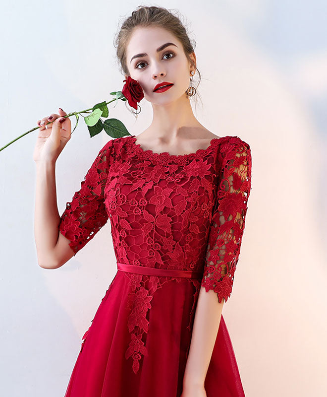 Burgundy Lace Tulle Short Prom Dress, Burgundy Homecoming Dress