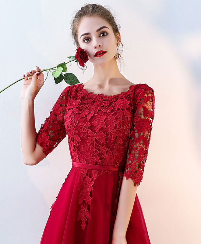 Burgundy Lace Tulle Short Prom Dress, Burgundy Homecoming Dress – shopluu