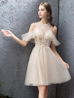 Cute Round Neck Tulle Champagne Short Prom Dress, Homecoming Dress