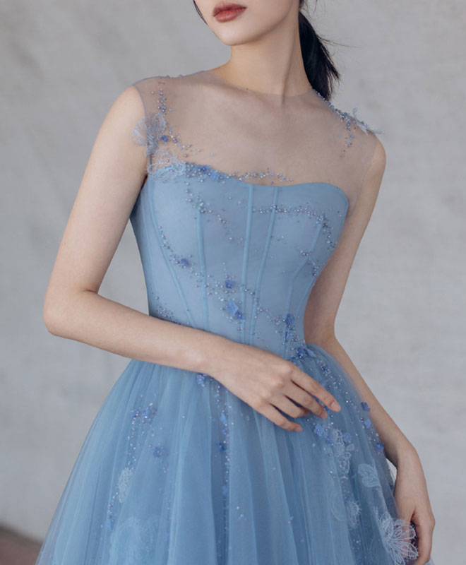 Blue Tulle Short Prom Dress, Blue Homecoming Dress with Lace Beading