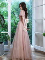 Pink A line Tulle Long Prom Dress. Pink Lace Bridesmaid Dress