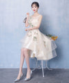 Champagne Round Neck Tulle Applique High Low Prom Dress, Cute Homecoming