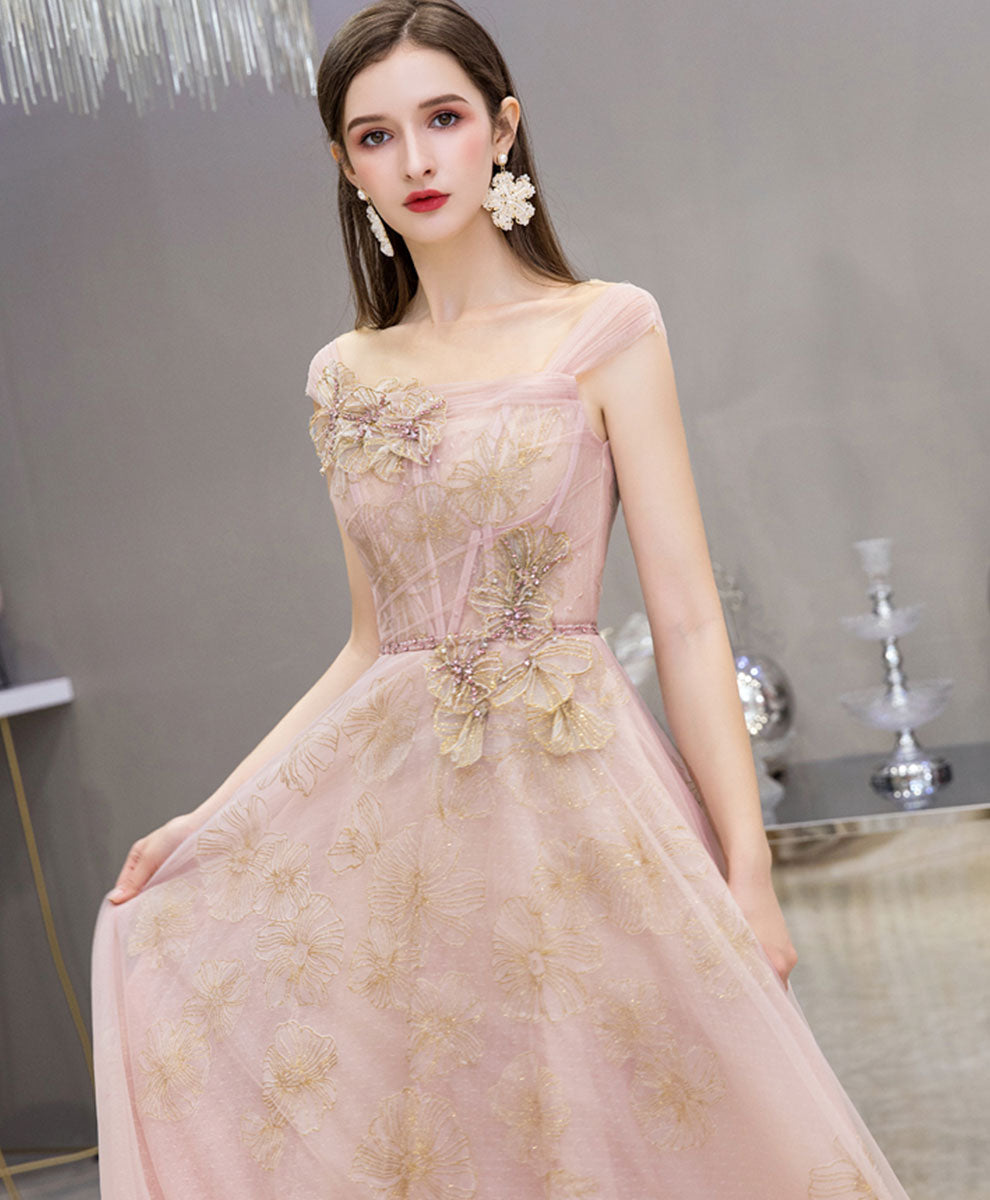 Pink Tulle Lace Long Prom Dress Pink Tulle Formal Dress