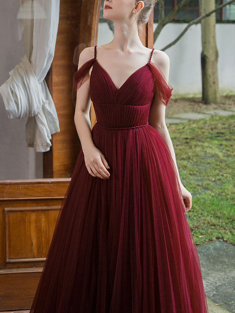 Simple Burgundy V Neck Tulle Long Prom Dress, Burgundy Bridesmaid Dres – shopluu