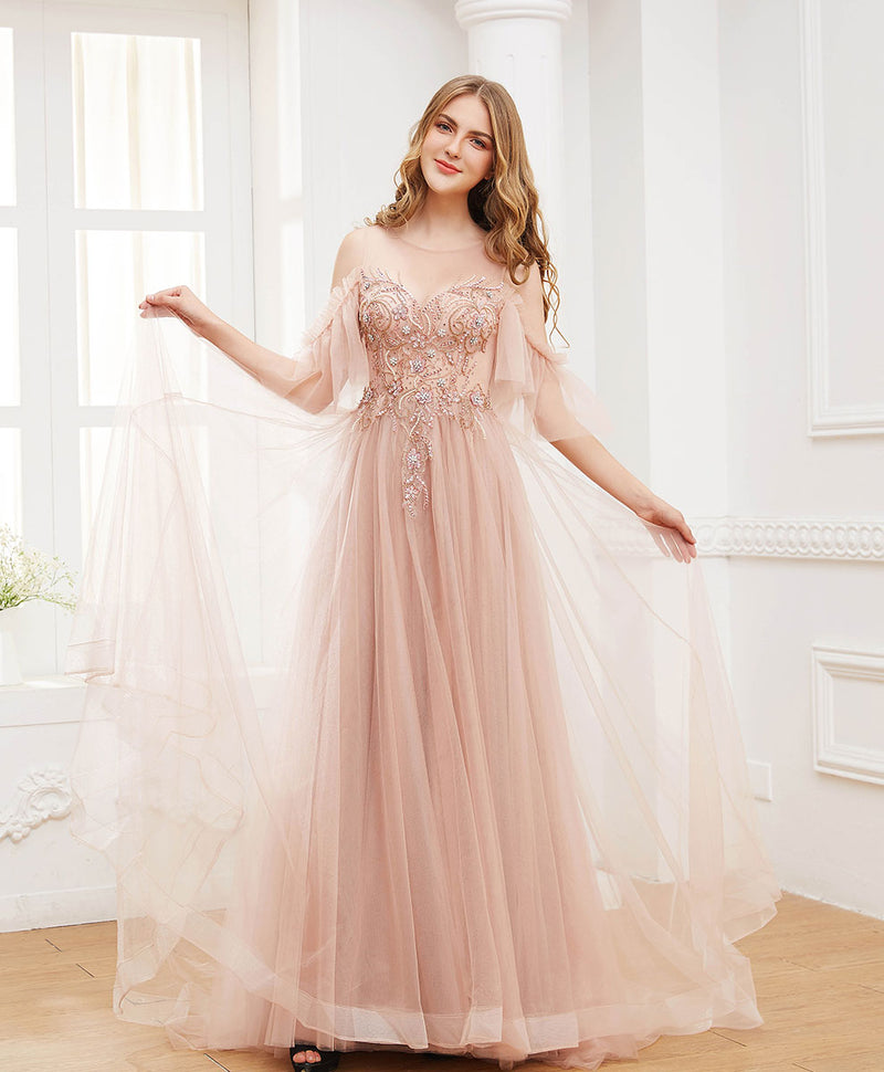 Pink Round Neck Tulle Beads Long Prom Dress Formal Dress