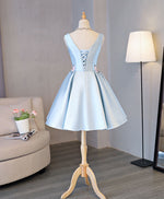 Blue Satin Applique Short Prom Dress, Blue Homecoming Dress