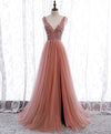Pink V Neck Tulle Sequin Long Prom Dress, A line Pink Formal Dress with Beading Sequin