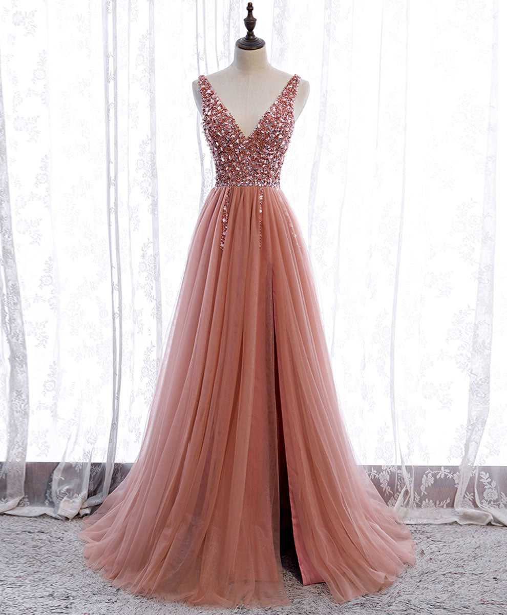 Pink V Neck Tulle Sequin Long Prom Dress, A line Pink Formal Dress with Beading Sequin US 8 / Pink (As Picture) Pink V Neck Tulle Sequin Long Prom Dress, A line Pink Formal Dress with Beading Sequin US 8 / Pink (As Picture)