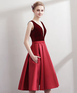 Simple V Neck Burgundy Satin Short Prom Dress, Burgundy Homecoming Dress