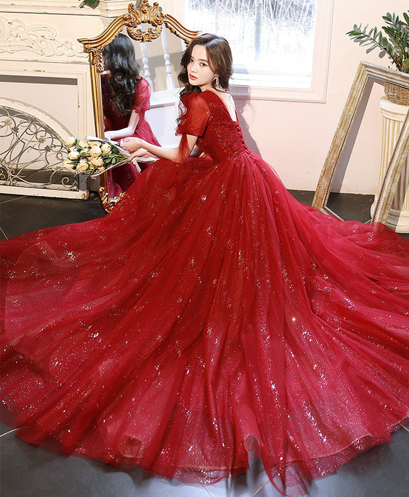 burgundy prom dresses v neck Burgundy A Line V Neck Tulle Beadings Prom Dresses