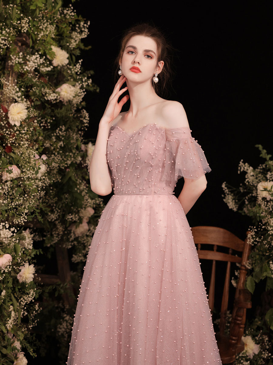 Pink Sweetheart Tulle Tea Length Prom Dress, Pink Formal Dress