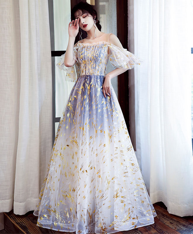 A-Line Tulle Off Lace Long Prom Dress Tulle Formal Dress