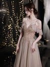 Champagne V Neck Tulle Beads Long Prom Dress, Champagne Evening Dress
