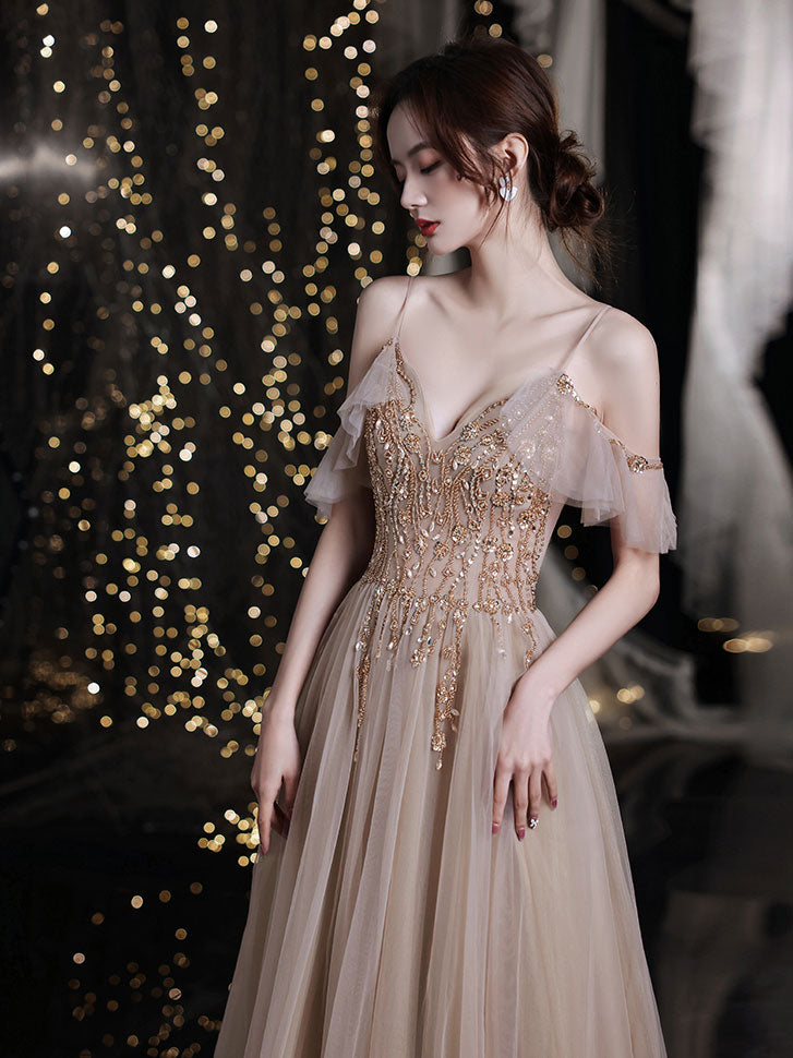 Champagne V Neck Tulle Beads Long Prom Dress, Champagne Evening Dress US 6 / Custom Color Champagne V Neck Tulle Beads Long Prom Dress, Champagne Evening Dress US 6 / Custom Color