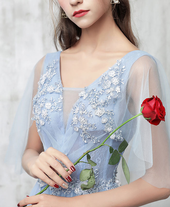 Blue V Neck Tulle Lace Applique Long Prom Dress, Blue Evening Dress