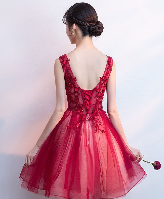 Burgundy V Neck Tulle Lace Short Prom Dress, Burgundy Homecoming Dress