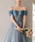 Blue Sweetheart Off Shoulder Tulle Long Prom Dress Blue Formal Dress