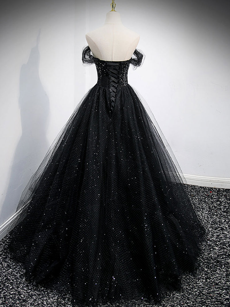 Black Sweetheart Off Shoulder Tulle Long Prom Dress, Black Evening Dress