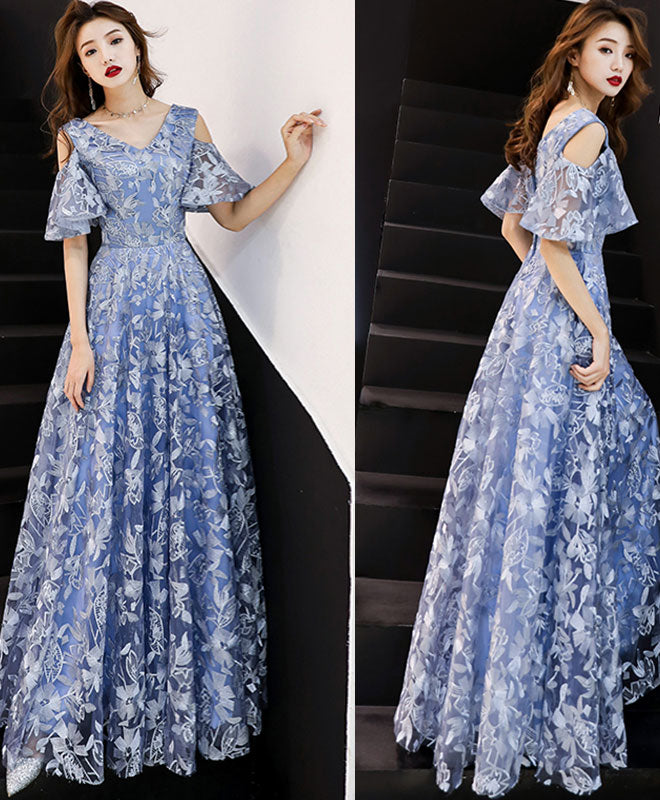 Blue V Neck Lace Long Prom Dress, Blue Evening Dress