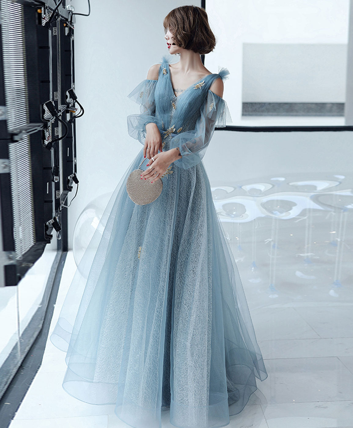 Blue V Neck Tulle Lace Long Prom Dress Blue Lace Formal Dress – shopluu
